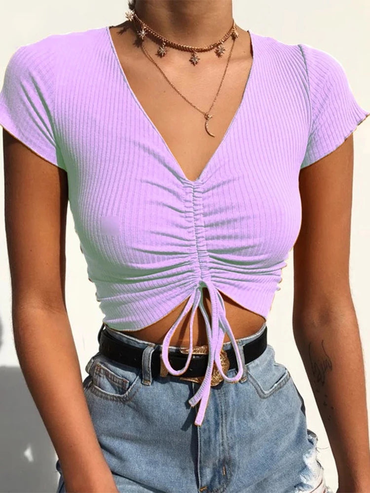 AMY FASHION - Sexy V Neck Drawstring Tie Up Front Camis Crop Top