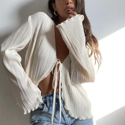 Sexy White Lace-Up Summer Autumn Long Sleeve Pleated Blouse