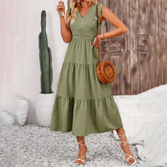 Slim Fit Sleeveless High Waist V Neck Boho Dress