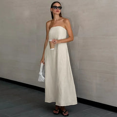 Strapless Khaki Cotton Holiday Midi Dress