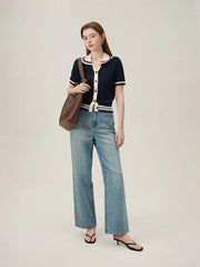 Contrast Polo Collar Summer Knit Cardigan