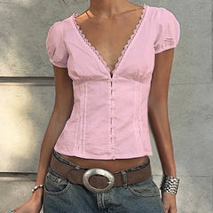 V-neck Lace Patchwork Blouse