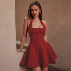 Red Halter Neck Splice High Waist Prom Dress