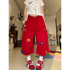 Heart Print Red Denim Calf Pant