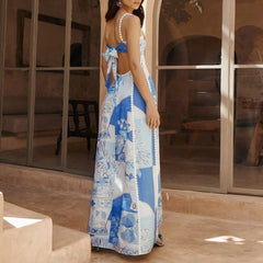 Printed Long Strap Backless Maxi Boho Dress