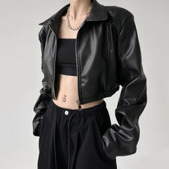 Black PU Retro Lapel Crop Coat