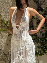 Backless Ruched Halter Ruffle Maxi Dress