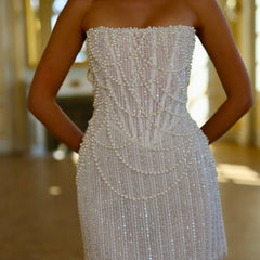 Pearl Beading Strapless Mini Vacation Dress