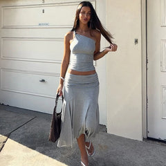 One Shoulder Irregular Long Skirt Two Piece Set