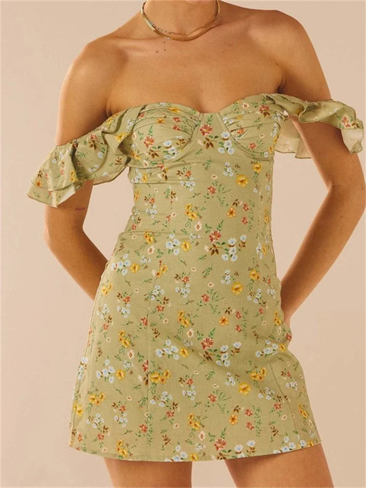 2024 Off Shoulder Casual Sleeveless Floral Print Ruffle Trim Mini Dress