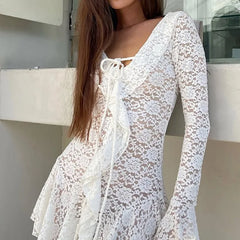 Lace Ruffle Tie Waist Mini Dress