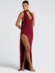 Halter Deep V Split Maxi Bodycon Dress