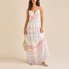 Contrast Lace Ruffle Layered Vacation Dress