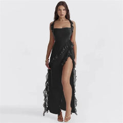 Ruffle Split Red Black Party Midi Dress