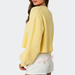 Crop Button V-neck Lantern Sleeve Cardigan