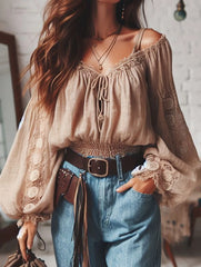 Boho Off Shoulder Lace-up Blouse
