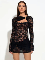 Lace See-through Ruched Black Bodycon Dress