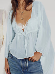 Women Ruffle Lace Chiffon Tie Chiffon Blouse