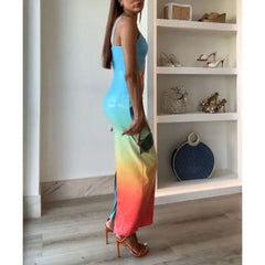 Sequined Leaves Slit Contrast Vacation Dress