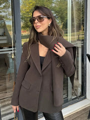 Solid Woolen Blazer With Scarf Coat