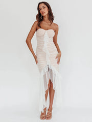 Draped Lace Strapless Midi Dress