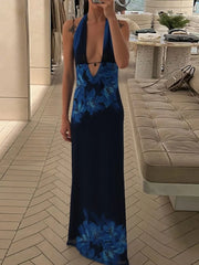 Deep V Neck Blue Halter Backless Vacation Dress