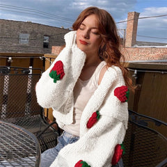 Strawberry Embroidered V-neck Lantern Cardigan