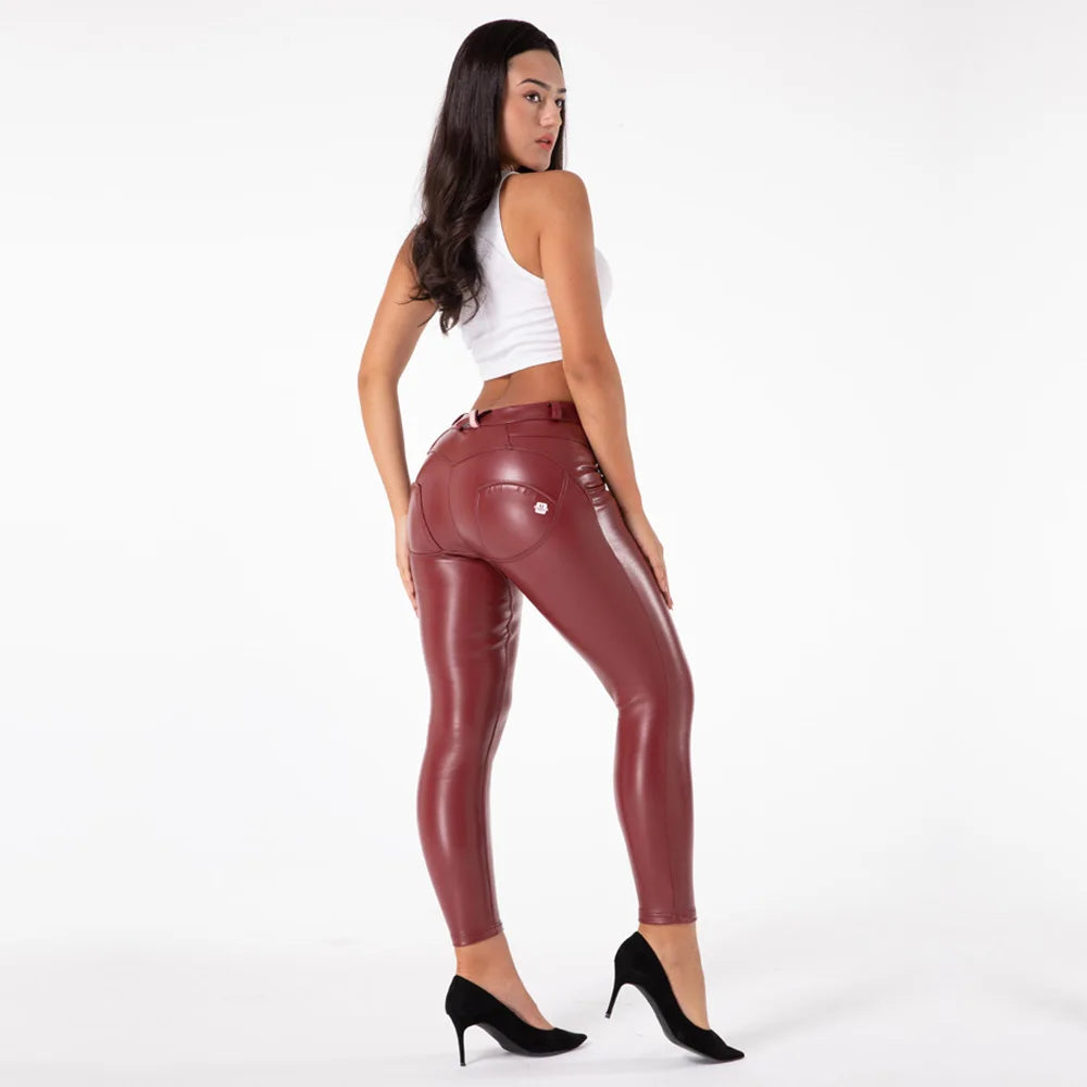 Skin Tight Dark Red Leather Faux Stretch Slim Fit Pants