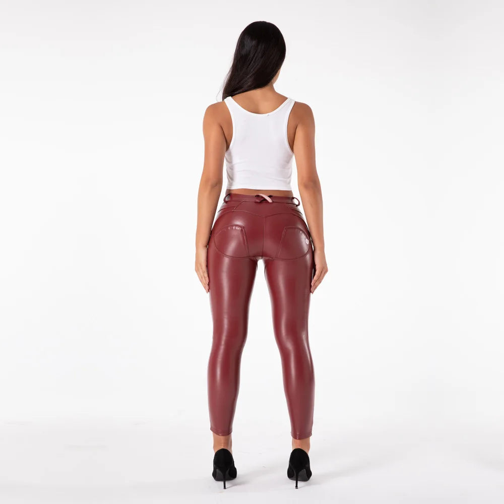 Faux Leather Ankle Look Burgundy Push Up Wet Look Pants