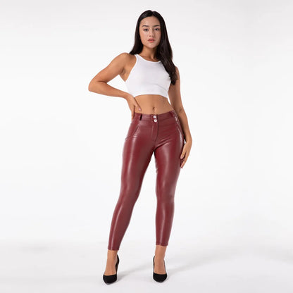 Faux Leather Ankle Look Burgundy Push Up Wet Look Pants