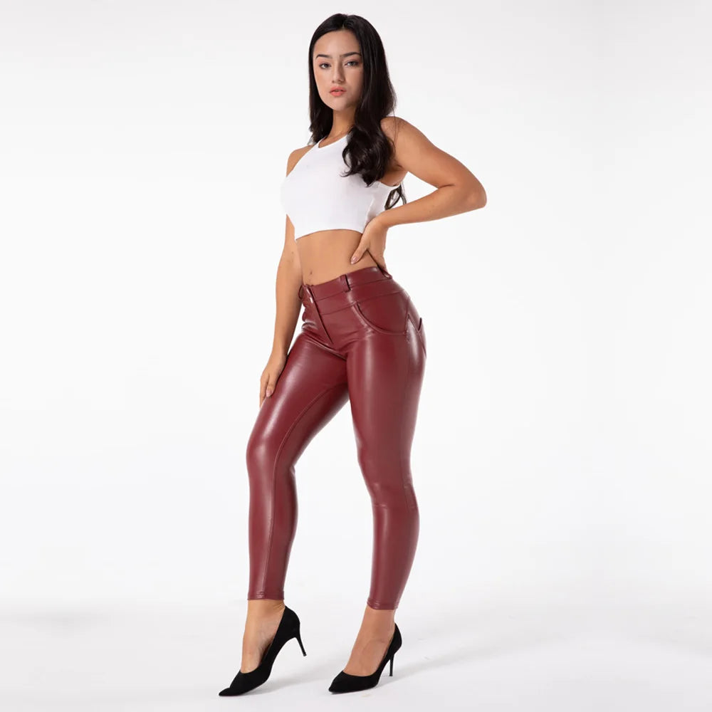 Faux Leather Ankle Look Burgundy Push Up Wet Look Pants