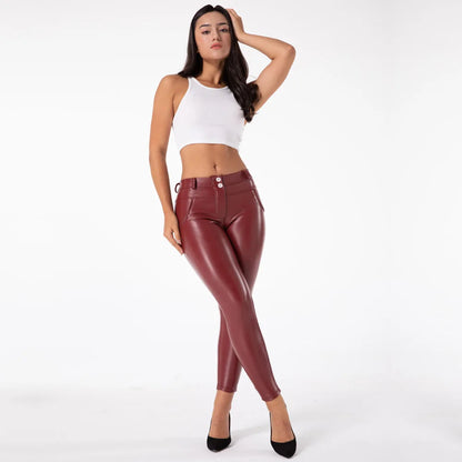 Faux Leather Ankle Look Burgundy Push Up Wet Look Pants