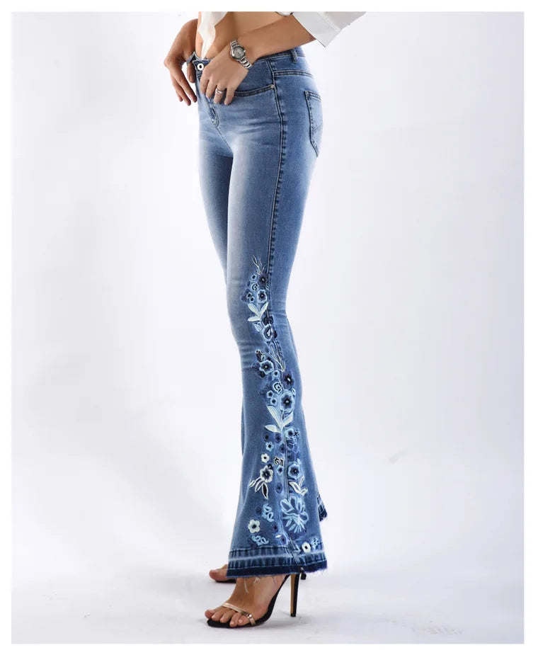 Amy Fashion - Size S-4XL Elastic Flower Embroidered Flare Denim Autumn Retro Style Bell Bottom Skinny Jean