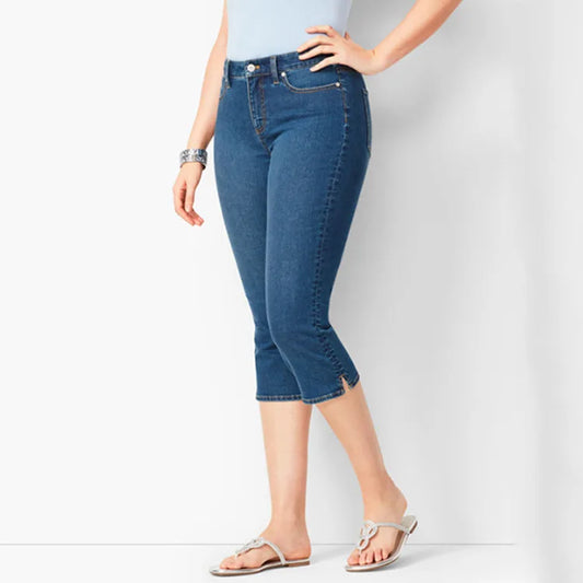 Amy Fashion - Skinny Knee Length Woman's Cropped Trousers Women Elastic High Waist Mom Oversize Blue Denim Pants Ladies Jean