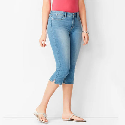Amy Fashion - Skinny Knee Length Woman's Cropped Trousers Women Elastic High Waist Mom Oversize Blue Denim Pants Ladies Jean