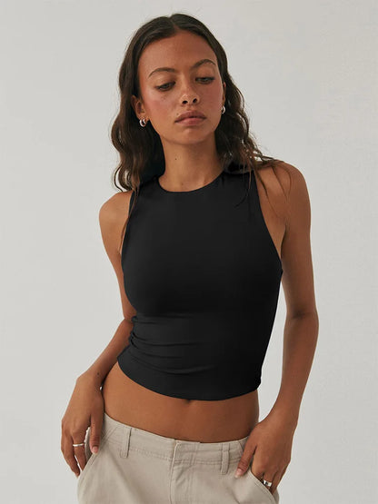 Tight Bottomed Round Neck Sleeveless Racerback Crop Top