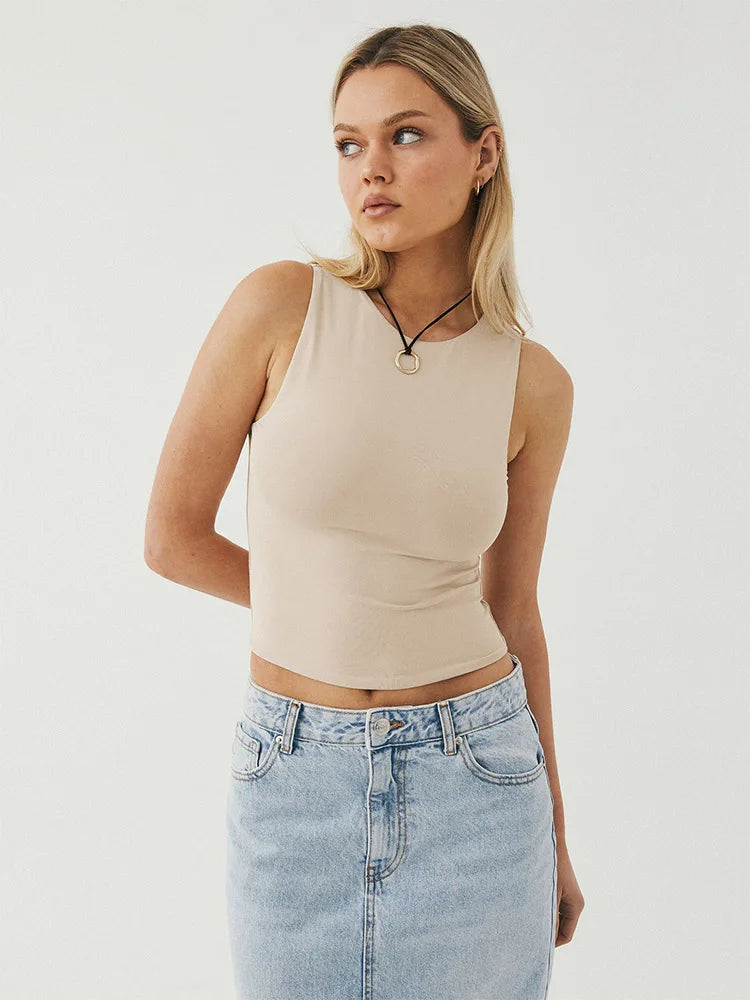 Tight Bottomed Round Neck Sleeveless Racerback Crop Top