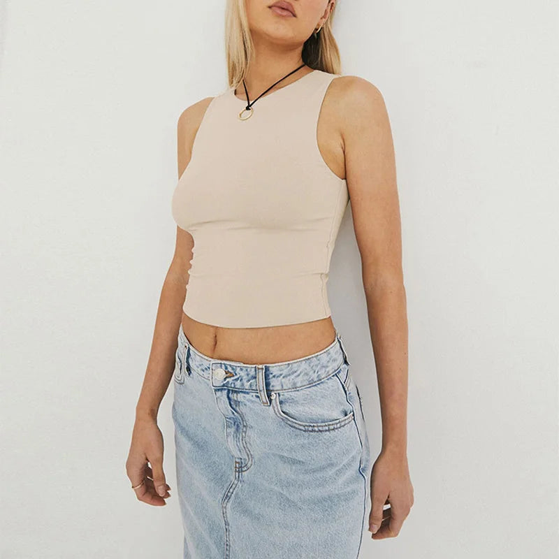 Tight Bottomed Round Neck Sleeveless Racerback Crop Top