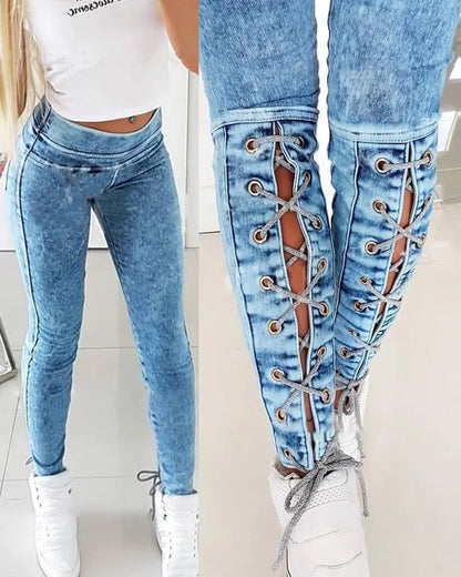 Amy Fashion - Slim-Fit Lace Up for Women Spring Autumn Fashion Streetwear Trousers Mid Waist Denim Pencil Pants Jean