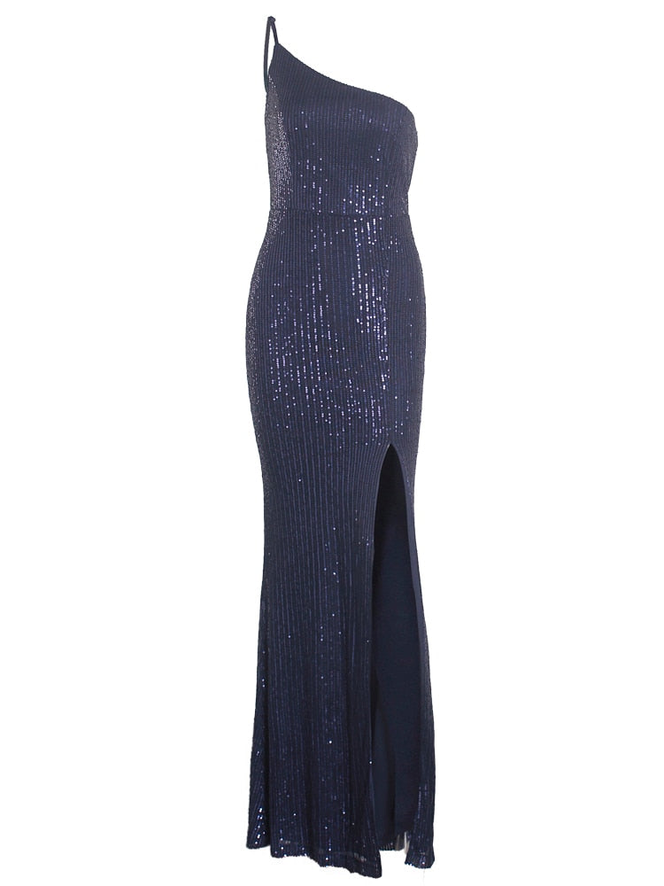 Amy Fashion - Slim Navy Blue One Shoulder Sequin Long Cocktail Dress