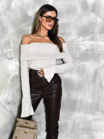 Hot Girl Elegant Ribbed Knit Slim Long Sleeve Crop Top