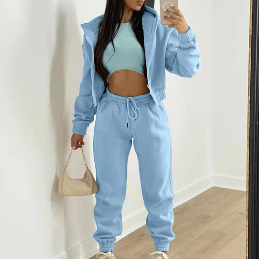 Solid Long-Sleeve Sporty Fall Winter Trouser Sets Hoodies