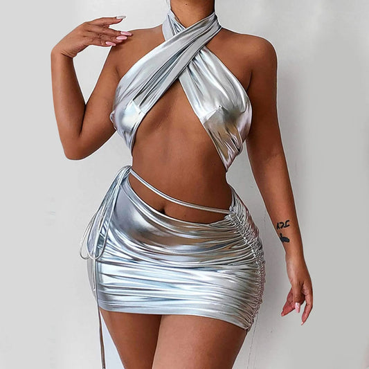 Amy Fashion - Solid Color Halter Neck Swimsuit Strap Bikini Sets