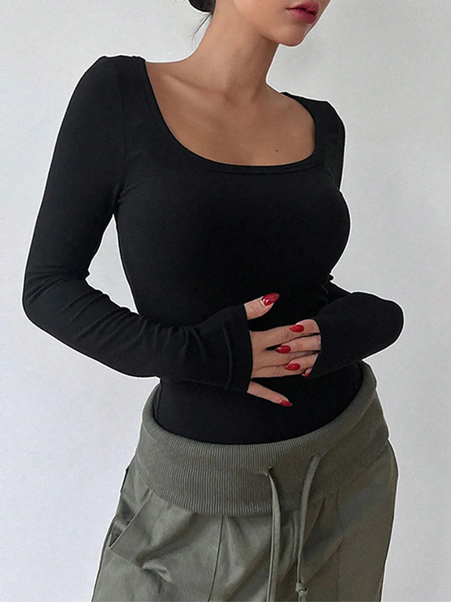 Scoop Neck Slim Fit Seamless Y2K Solid Color Tight Long Sleeve Crop Top