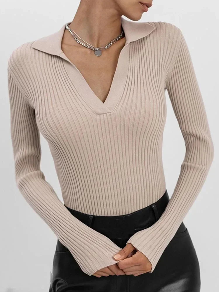 Spring Women's Knitted Blouse Long Sleeve Polo Collar Slim Stylish Cozy Trendy Comfortable Elegant Sweater