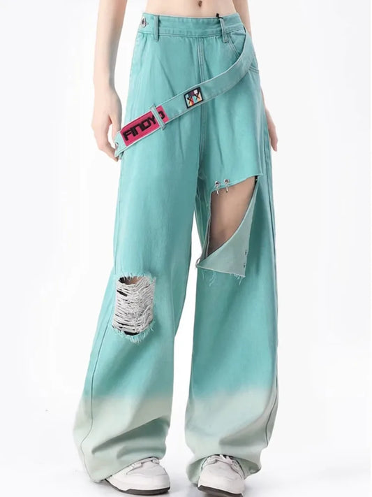 Amy Fashion - Dopamine Leisure Network Red Fried Street Age Reducing Gradient Spring and Autumn Denim Wide Leg Women's Jean