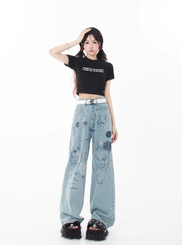 Amy Fashion - Spring and Autumn New Small Market Design Sense Personalized Print Graffiti Straight Women's Jean