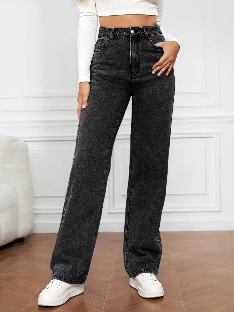 Straight High Waist Vintage Basic Ankle Length Denim Y2K New Washed Pockets Chic Jean