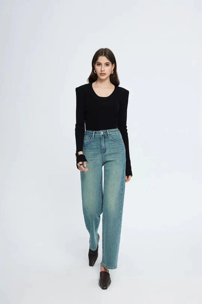 Amy Fashion - Straight Leg Denim Pant New Korean Straight Woman Female Spring 2024 Jean