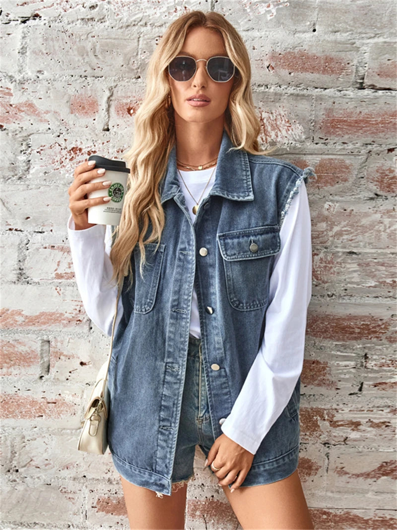 Denim Vest Autumn Washed Sleeveless Waistcoat Casual Baggy Jean Vest Jacket